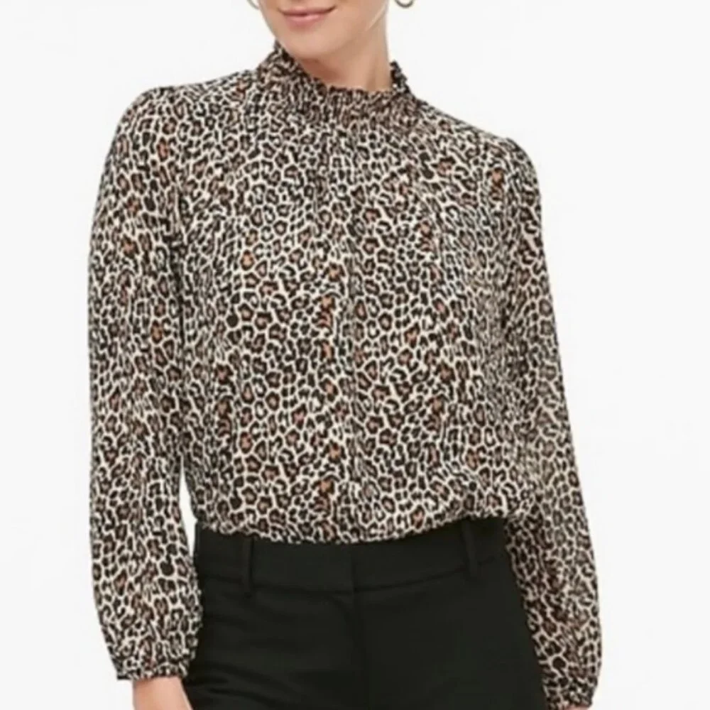J Crew Long Sleeve Leopard Smocked Mock Neck Blouse/Shirt in Brown/Black - NWT